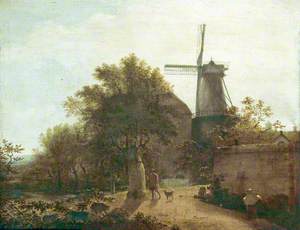 Landscape on the Edge of a Town with a Windmill