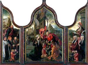 Triptych: The Adoration with St Peter and St Barbara and Donors