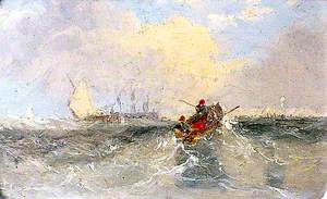 Rough Sea with Rowing Boat and Two Figures, Sailing Vessels in the Background