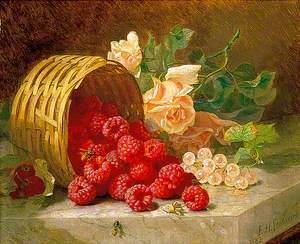 Overturned Basket with Raspberries, White Currants and Roses