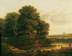 A Grove of Trees near a Stream with a Man Fishing from a Boat