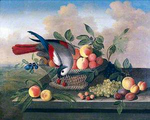 A Parakeet Perched on a Basket of Mixed Fruit, including Peaches, Grapes, Cherries and Plums