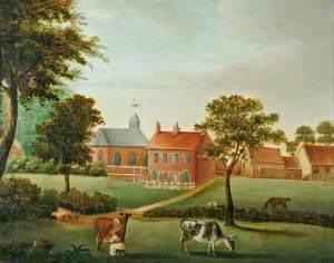 Naïve Painting of a Farmhouse with Outbuildings and Farm Animals in Foreground