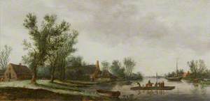 River Landscape with Ferry Boat and Cottage