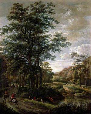 Landscape with Horsemen on a Path Entering a Wood, Figures waiting for a Ferry, Cattle and Sheep Beyond