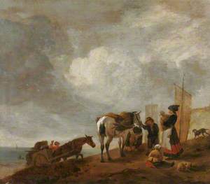 Figures on a Shore, a Mother with a Child, a Grey Horse, a Cart Beyond