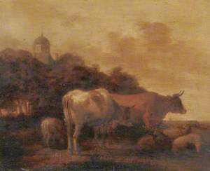 Cattle in a Field, a Village beyond a Wood