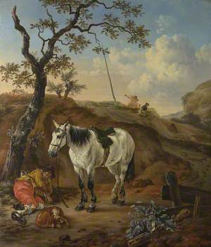 A White Horse standing by a Sleeping Man