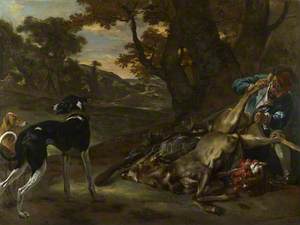A Huntsman cutting up a Dead Deer, with Two Deerhounds