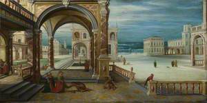 A Man kneels before a Woman in the Courtyard of a Renaissance Palace