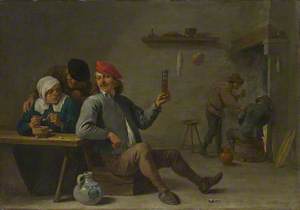 A Man holding a Glass and an Old Woman lighting a Pipe