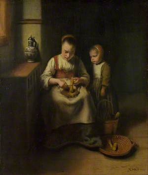A Woman scraping Parsnips, with a Child standing by her