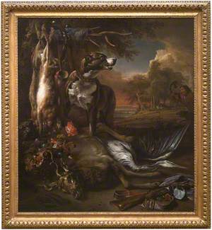 A Deerhound with Dead Game and Implements of the Chase