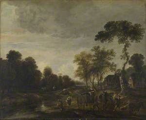 An Evening Landscape with a Horse and Cart by a Stream