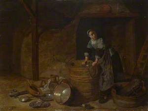 A Woman scouring a Pot