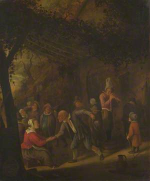 Peasants merry-making outside an Inn, and a Seated Woman taking the Hand of an Old Man
