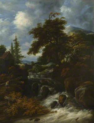 A Waterfall by a Cottage in a Hilly Landscape