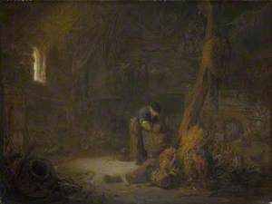 The Interior of a Barn with Two Peasants