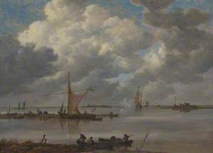 An Estuary with Fishing Boats and Two Frigates
