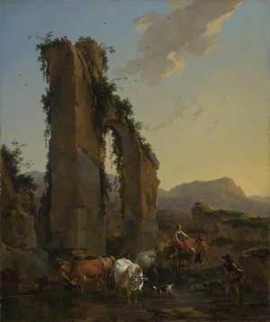 Peasants with Four Oxen and a Goat at a Ford by a Ruined Aqueduct