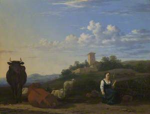 A Woman with Cattle and Sheep in an Italian Landscape