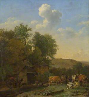 A Landscape with Cows, Sheep and Horses by a Barn