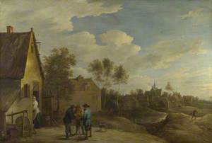 A View of a Village with Three Peasants talking in the Foreground