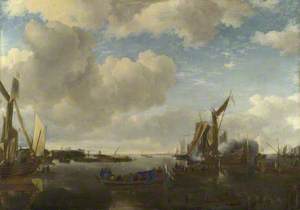 A River Scene with a Dutch Yacht firing a Salute as Two Barges pull away