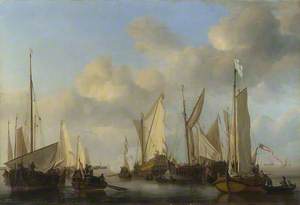 A Dutch Yacht surrounded by Many Small Vessels, saluting as Two Barges pull alongside