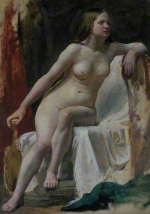 Life Study of a Female Nude Model Seated on White Drapery