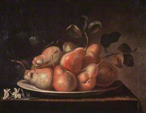 Still Life with Dish of Pears and a Sprig of Jasmine Blossom on a Ledge