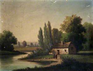 View of a Cottage among Trees beside a Bend in the River