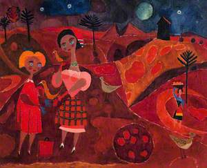 Two Girls with Birds in a Red Landscape*