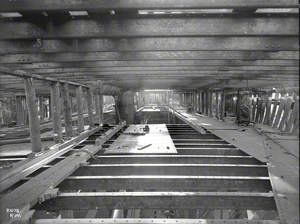 Internal view showing initial laying of plates on tank top/main deck beams