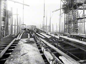 Upper deck, looking forward, with initial steel deck plate in foreground