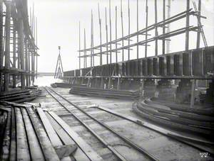 Views of laid keel and erected centre plate on No. 5 slip, South Yard