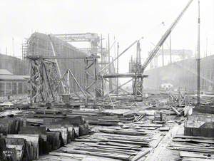 Port bow view on slip with shell plating completed, during reconstruction of No. 2 slip