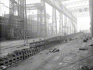 Centre plate and beginning work on tank floors aft, viewed from lower end of slip