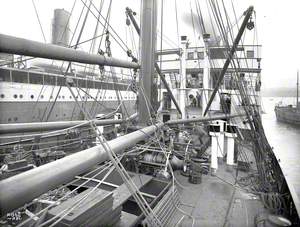 View aft from forecastle deck to bridge in final stage of outfitting, South Yard