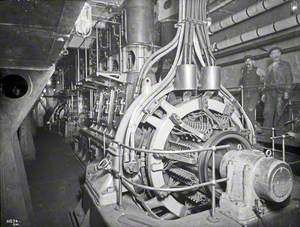 Starboard main generating set in electric engine room, with two figures