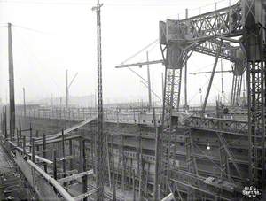 General view of plated starboard hull aft midships, including deck