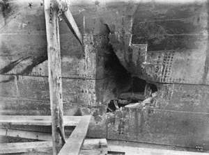 HMS 'Hawke' collision damage – lower hole, wood covering removed