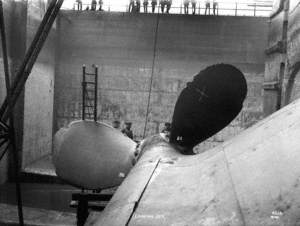 HMS 'Hawke' collision damage – starboard propeller looking aft from lower hole