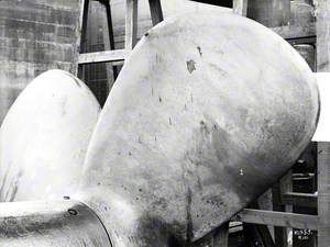 Close-up view of centre propeller shaft and two blades, while in Thompson Graving Dock