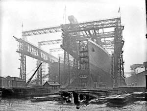 Gantry with vessel ready for launch, with 436 Statendam / Justica on No. 3 slip