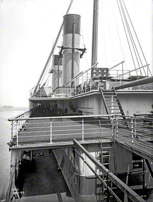 View forward from after boat deck towards funnels during outfitting