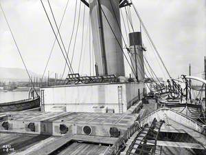 View forward from after end of boat deck towards funnels during outfitting