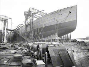 Starboard bow 3/4 profile on No. 2 slip, North Yard, prior to launch