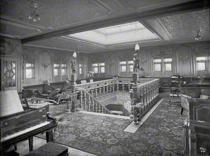 First class social hall/music gallery with seated figures and grand piano