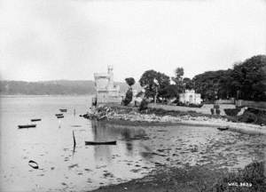 Untitled (a side view of a castle by the sea that appears to be Blackrock Castle)
